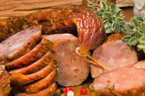 Apetyczny przepis na 10 kg kiełbasy. Wędzona, pokrojona, z ziołami i pieprzem.