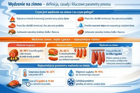 Wędzenie na zimno to proces konserwacji mięsa, który trwa od kilku dni do kilku tygodni. Efektem jest twarda, trwała i aromatyczna wędlina.
