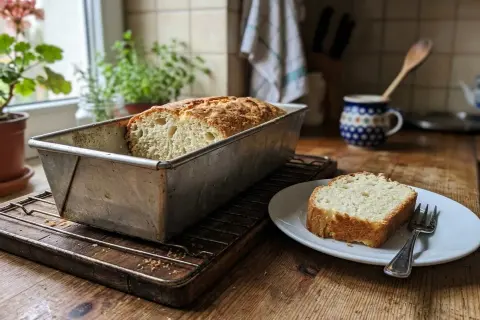 Pyszne, domowe ciasto drożdżowe w keksówce, obok kromka na talerzyku z widelcem.