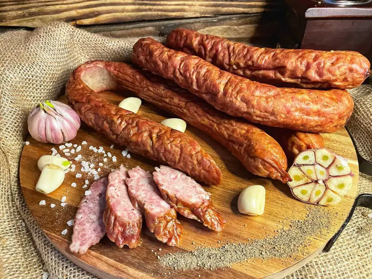 Kiełbasa swojska – przepis na 1 kg. Wędzona, z czosnkiem i pieprzem, na drewnianej desce.